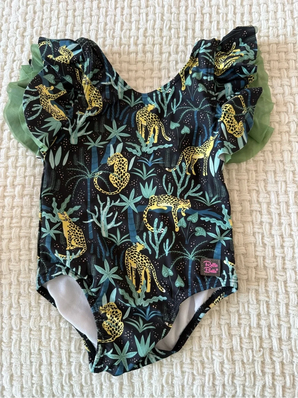 Ruffle Butts Ruffled Sleeve Leopard Print One-Piece Swimsuit - Black & Yellow